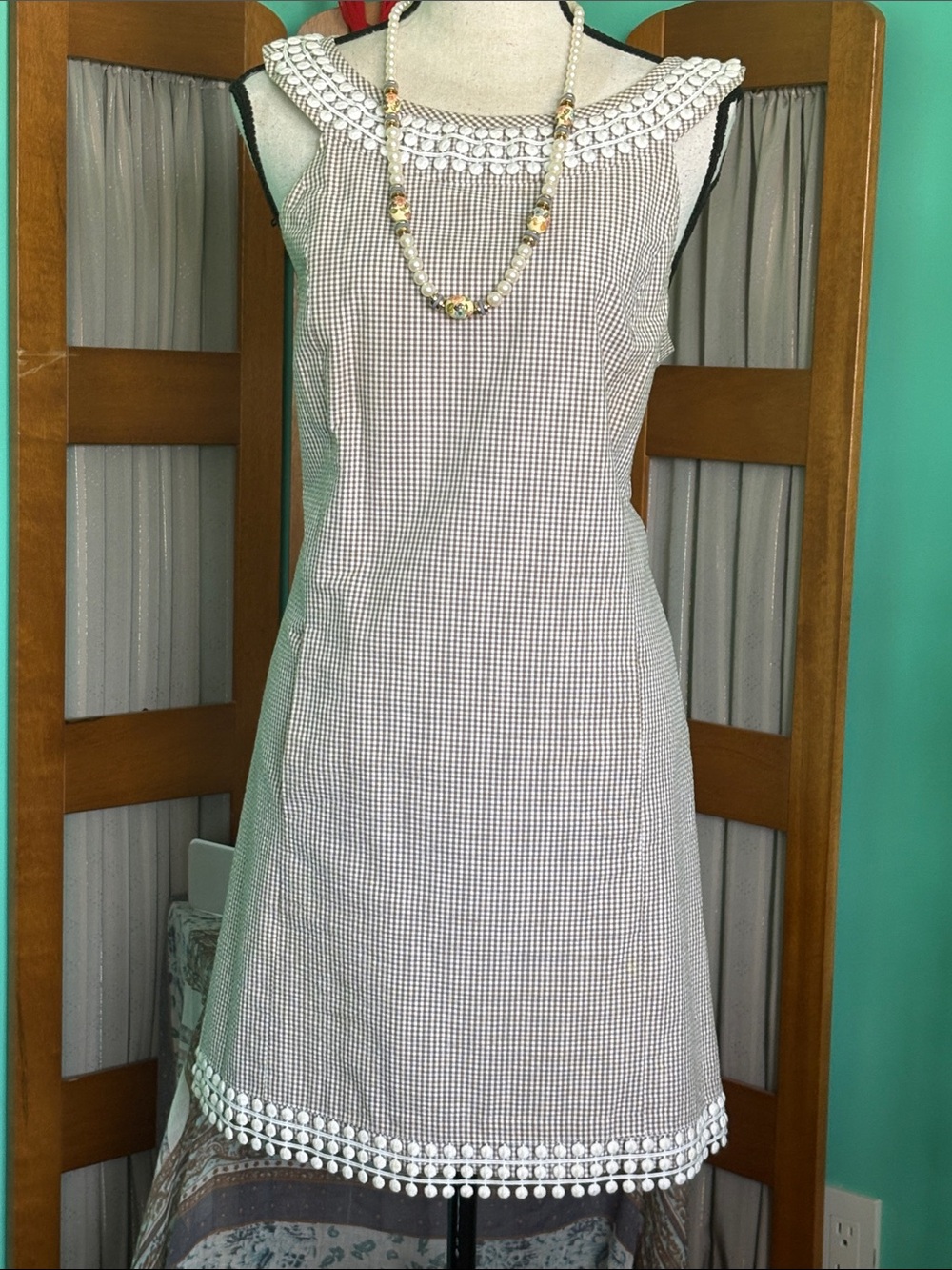 Tibi Black & White Gingham Midi Dress with Crochet Trim